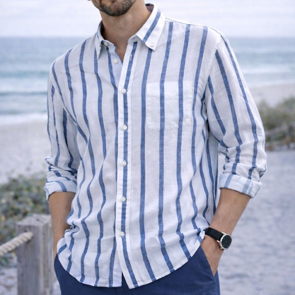 Island Company 100% Linen Button Down Shirt Men’s XL Blue Stripe Resort NWOT